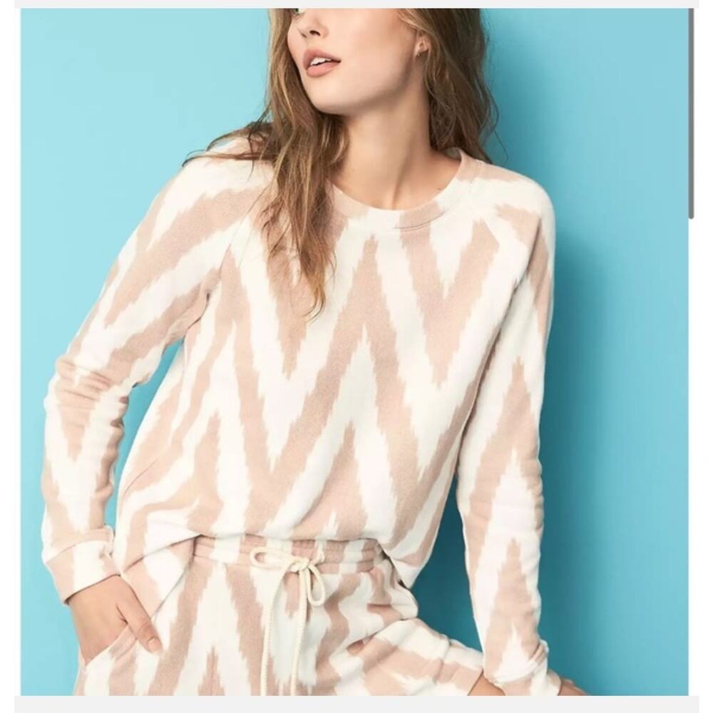 Loft Lou & Grey Sweatshirt Womens Medium Brown Cream Ikat Pullover Cropped